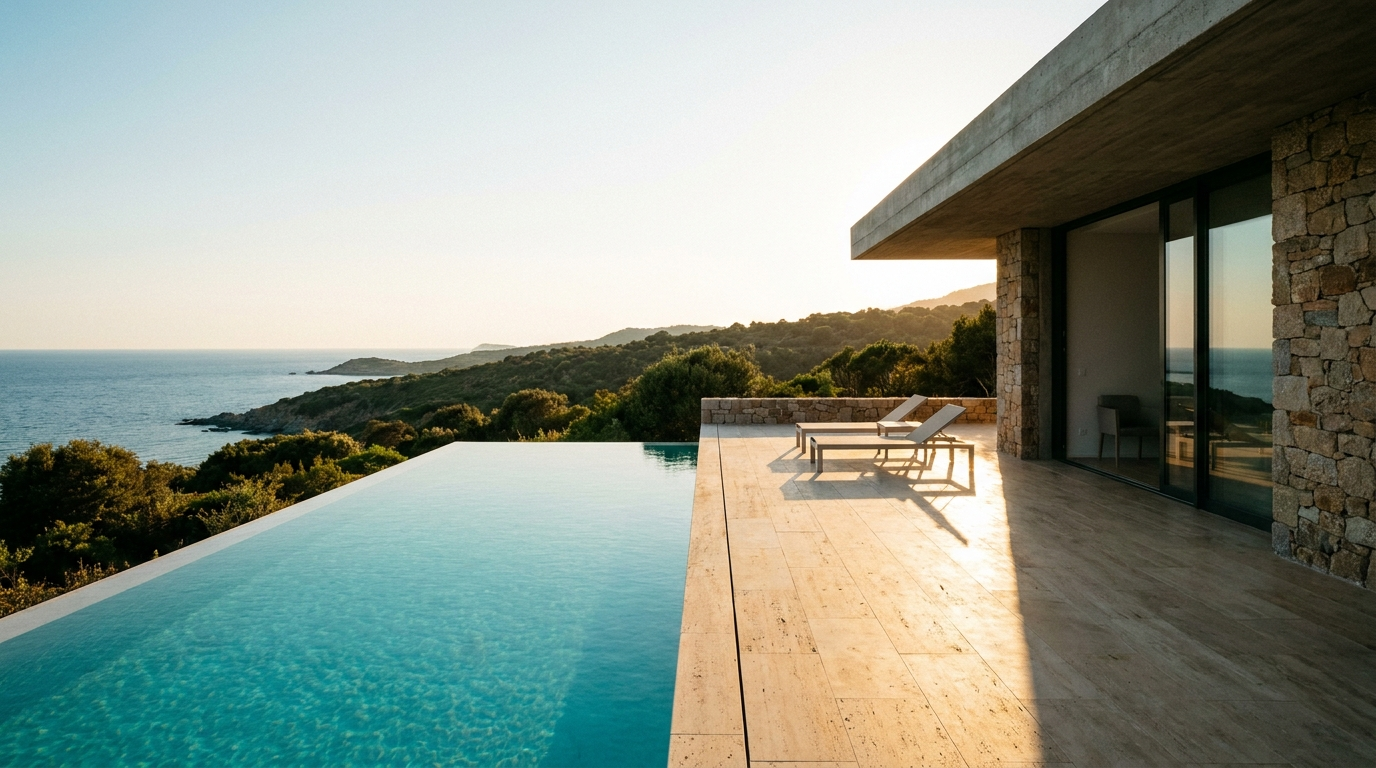 Piscine à débordement turquoise avec terrasse en pierre, face au maquis et à la mer en Corse