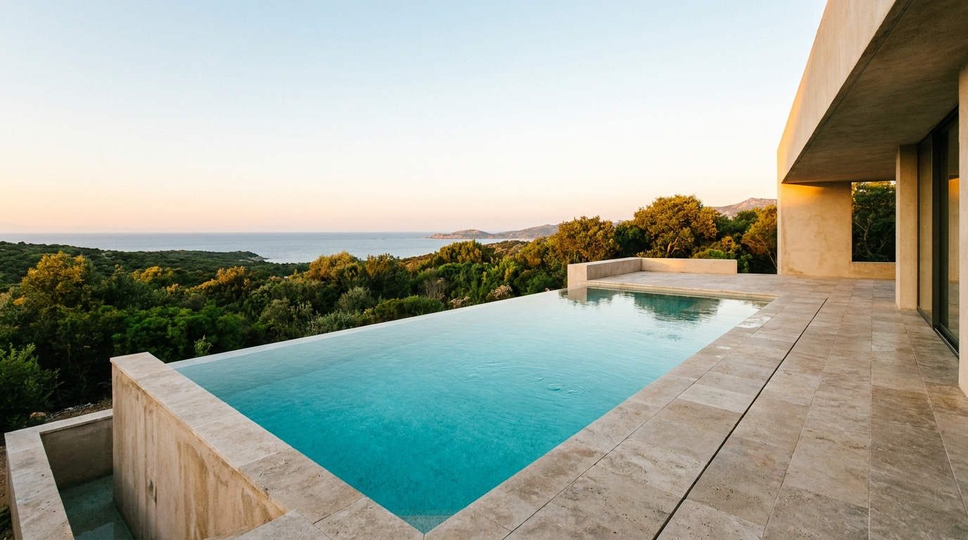 Piscine premium avec terrasse, réalisation Piscines Concept en Corse