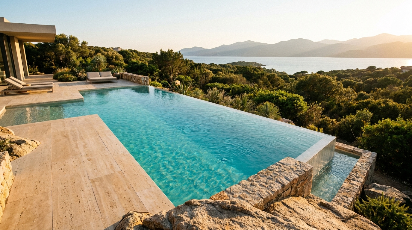 Deuxième piscine premium réalisée en Corse, eau claire et plage en travertin